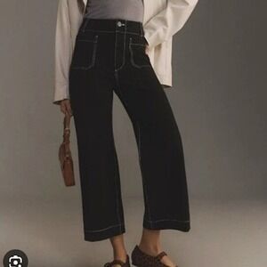 Maeve The Colette Cropped Wide Leg Pants Black Contrast Stitch Size 25 NEW
